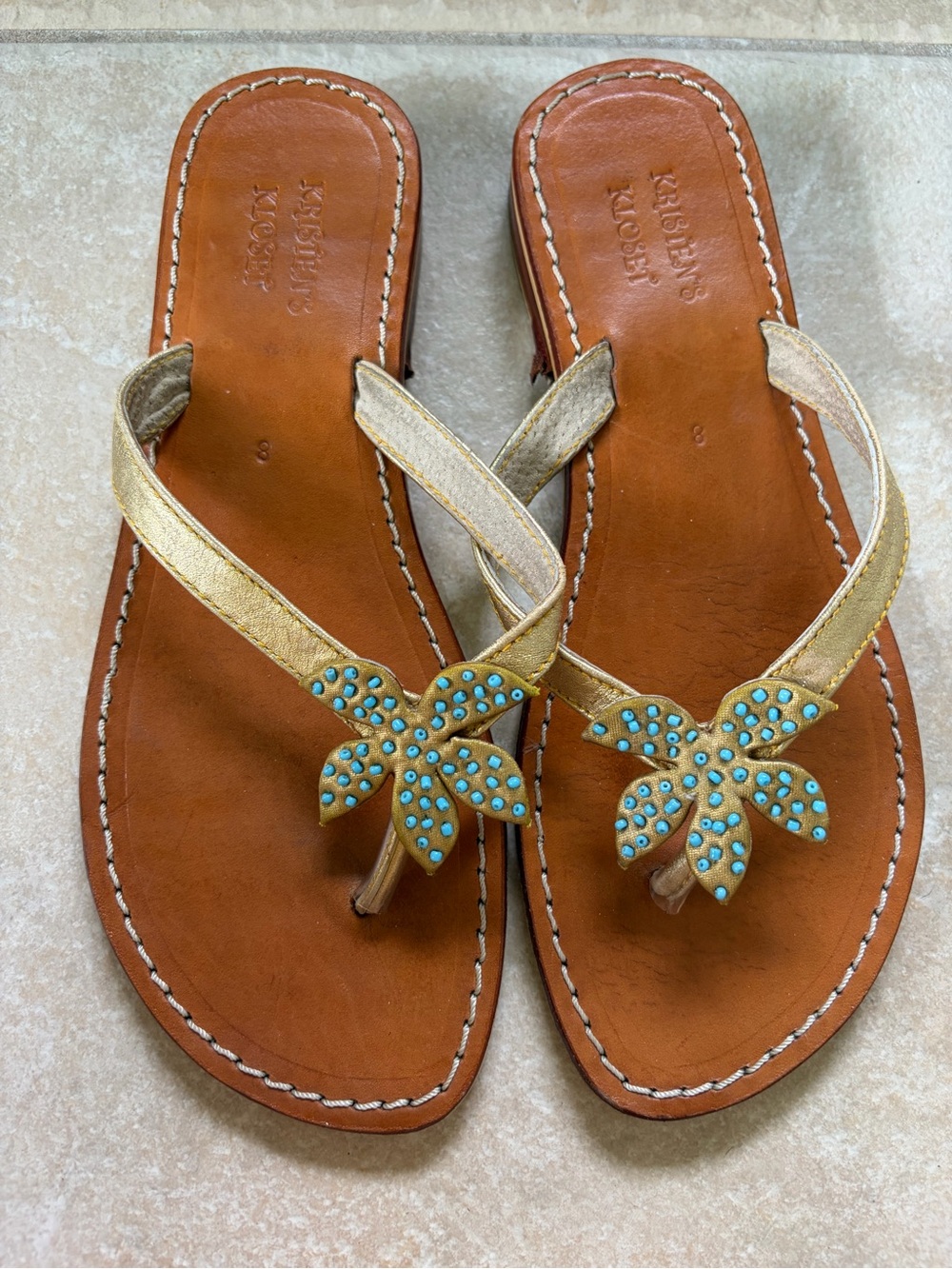 Kristen’s Kloset Gold Leather Floral Toe-Post Sandals with Turquoise Studs